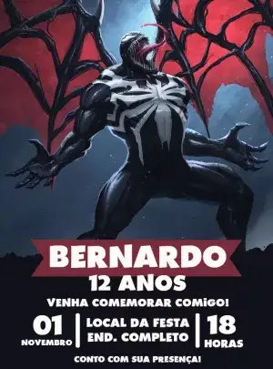 Convite Venom Niño para cumpleaños infantil con tema venom. – tema cumpleaños (moderno, temático, colorido, superhéroe, vibrante)