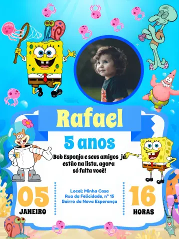 Convite Bob Esponja Com Foto Preto para aniversário infantil com tema do bob esponja. – tema mais pesquisados (divertido, colorido, infantil, temático, marinho)