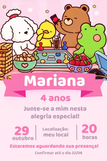 Convite Bobbie Goods Animais para aniversário infantil – tema aniversário infantil (colorido, divertido, infantil, animal, ilustrações, lúdico)