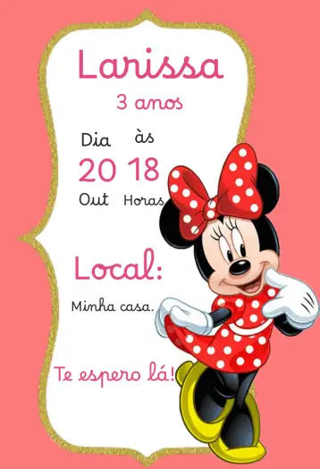 Convite Invitación cumpleaños Minnie para cumpleaños infantil – tema cumpleaños (colorido, divertido, infantil, temático, lúdico, mágico)