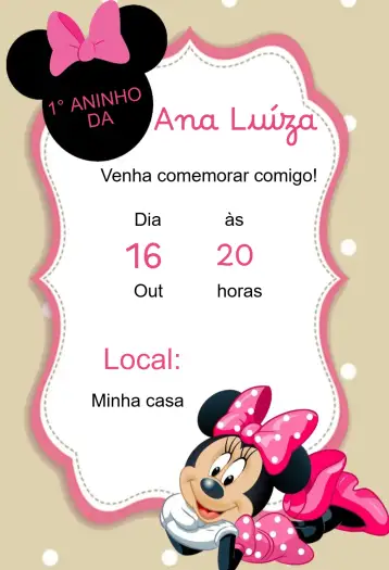 Convite Invitación cumpleaños Minnie Rosa para cumpleaños infantil – tema cumpleaños infantil (rosa, divertido, infantil, lúdico, celebración, temático)