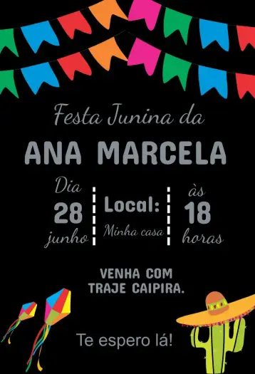 Convite Convite Festa Junina para aniversário temático com estilo junino. – tema aniversário (colorido, tradicional, vibrante, rústico, festivo, típico)