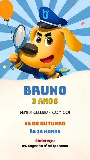 Convite Detetive Labrador Cachorro para aniversário infantil com tema de detetive e cachorro. – tema mais pesquisados (azul, lúdico, divertido, infantil, cachorro, detetive)