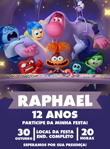 Convite Divertida Mente 2 Animação para aniversário infantil com tema divertida mente. – tema mais pesquisados (divertido, colorido, lúdico, moderno, infantil)