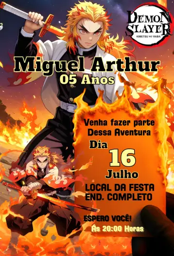 Convite Kyojuro Rengoku Demon Slayer para themed birthday inspired by demon slayer. – tema birthday (vibrant, anime, adventure, fire, jovial, colorful)