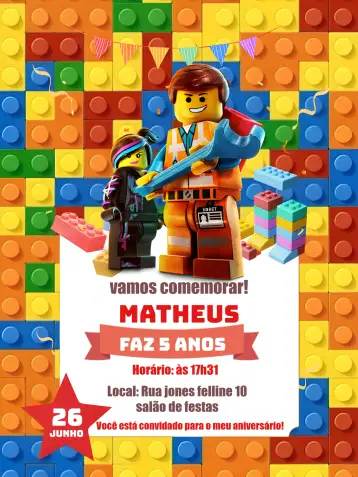 Convite Lego para children's birthday – tema kids' birthday party (colorful, playful, fun, toys, childlike)