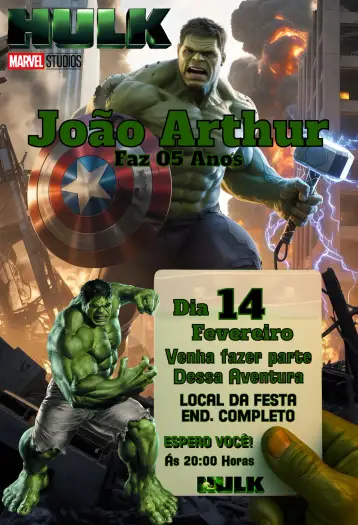 Convite El Increíble Hulk para cumpleaños infantil con temática de superhéroes. – tema cumpleaños (verde vibrante, superhéroe, aventura, animación, futurista, divertido)