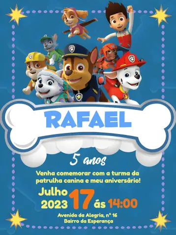 Convite Patrulha Canina Cachorro para aniversário infantil – tema aniversário infantil (vibrante, divertido, temático, colorido, infantil)