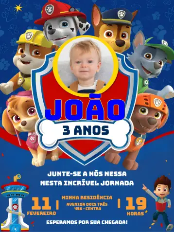 Convite Patrulha Canina Com Foto Patrol para aniversário infantil – tema aniversário infantil (azul, divertido, temático, moderno, colorido)