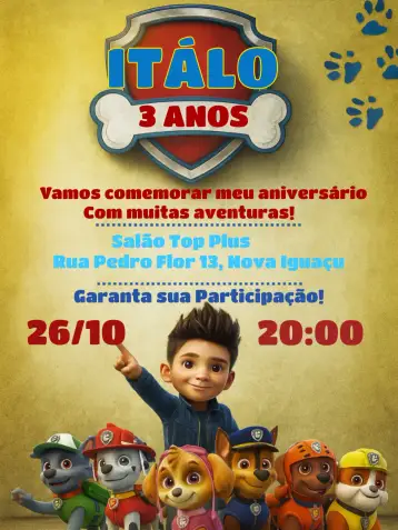 Convite Patrulha Canina para aniversário infantil com tema da patrulha canina. – tema aniversário infantil (colorido, temática aventura, ilustrações de personagens, estilo infantil, design divertido, cenas de ação)