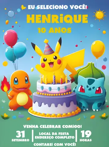 Convite Pokemon Balloons para children's birthday with a pokémon theme. – tema most searched for (colorful, fun, youthful, animated, themed, illustrative)