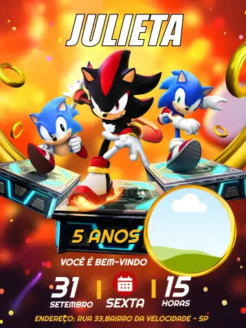 Convite Shadow And Sonic With Yellow Photo para children's birthday – tema kids' birthday party (colorful, themed, games, animated illustrations, fun, modern)