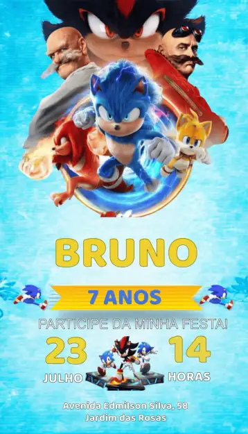 Convite Sonic Knukes para aniversário infantil com tema sonic. – tema mais pesquisados (azul, temático, divertido, jovial, ilustrações de personagens)