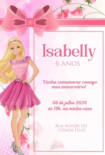 Convite Barbie com Laço editável e personalizável