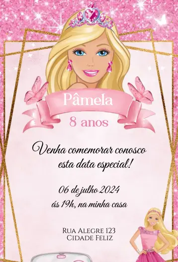 Convite Barbie Princesa editável e personalizável