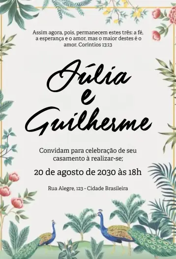 Invitación Naturaleza y pavos reales editable y personalizable