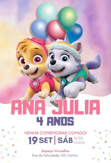 Convite Patrulha Canina Meninas 2 editável e personalizável