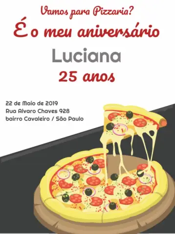 Convite Pizzaria Vermelho para aniversário com tema de pizzaria. – tema aniversário (moderno, acolhedor, vermelho, cinza, branco)