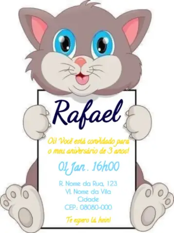 Invitación Infantill Gato Para Editar Fofo editable y personalizable
