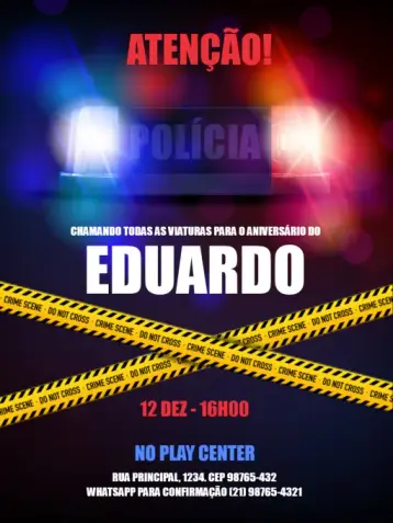 Invite Kids Police Theme Black Neon editable and customizable