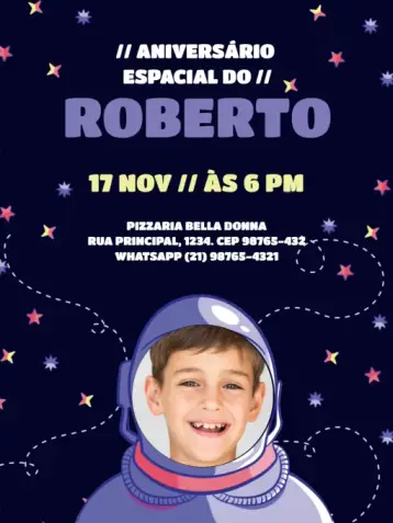 Convite Infantil Espaço Com Foto Azul editável e personalizável