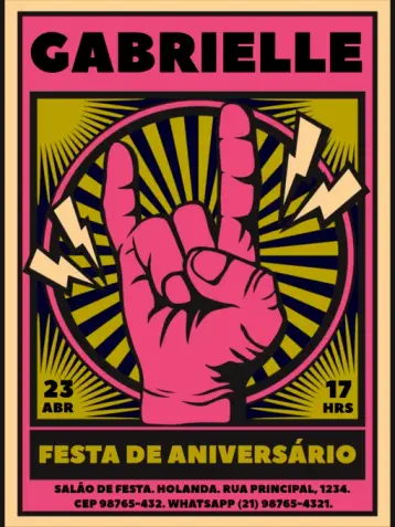 Convite Rock N Roll Rosa Amarelo editável e personalizável