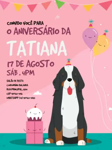 Convite Cachorro Rosa Jovem editável e personalizável