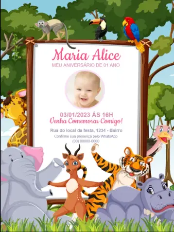 Invitación Safari Infantil Niña Animales editable y personalizable