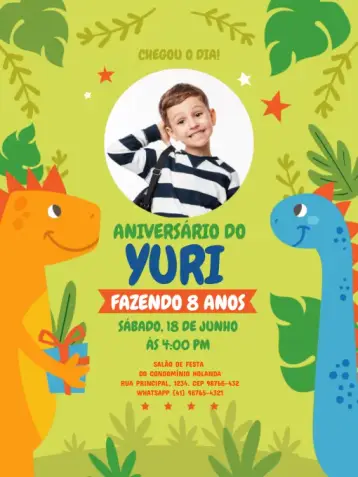 Convite Dinossauro Verde Presente editável e personalizável