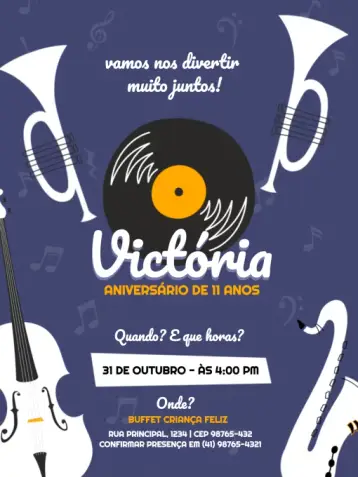 Invitación Musical Morado Instrumentos Musicales editable y personalizable