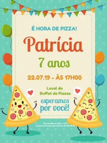 Convite Pizza Infantil editável e personalizável