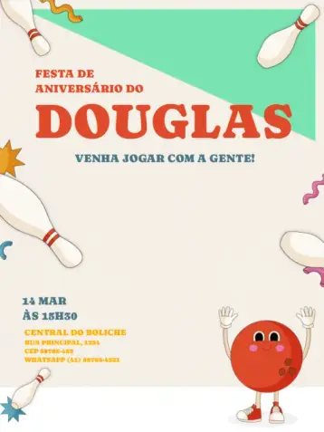 Convite Boliche Divertido Pinos editável e personalizável