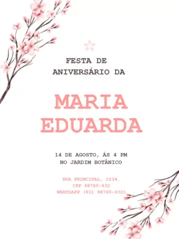 Convite Flor De Cerejeira Sakura Minimalista Rosa editável e personalizável