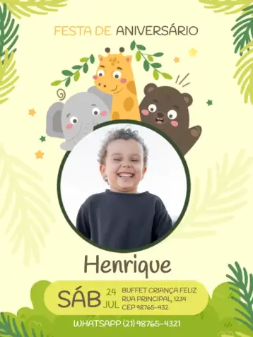 Convite Zoo Com Foto Verde Lúdico editável e personalizável