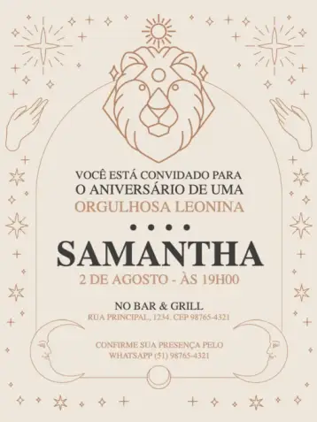 Convite Signos Leão Bege editável e personalizável