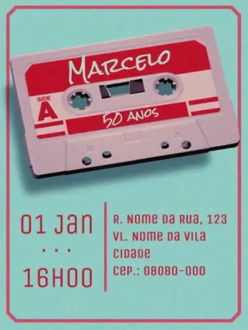 Convite Virtual 50 Anos - Fita Cassette Old editável e personalizável