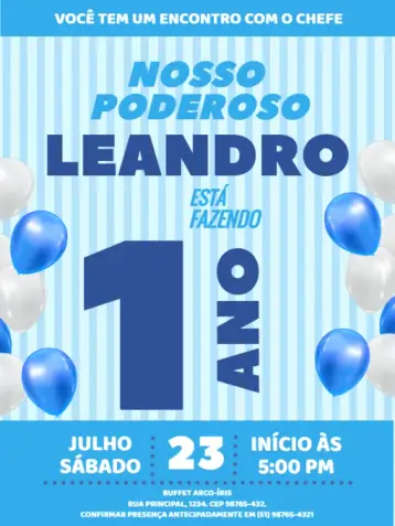 Invitación 1 Año Fiesta Azul Poderoso editable y personalizable