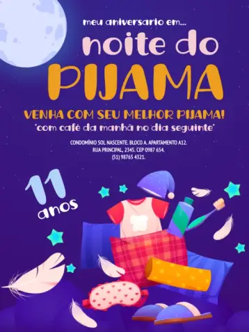 Convite Festa De Pijama Escuro editável e personalizável