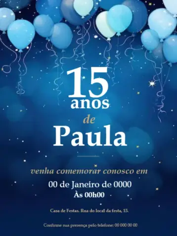 Convite 15 Anos Balões Para Editar Azul editável e personalizável