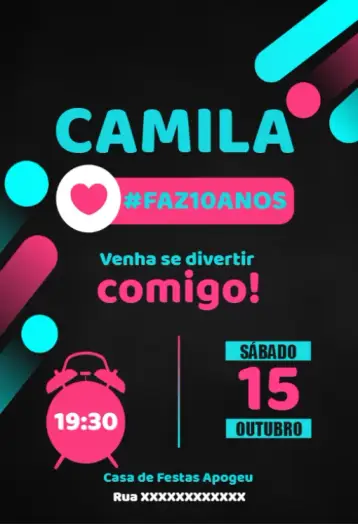 Convite 15 Anos Digital Neon editável e personalizável