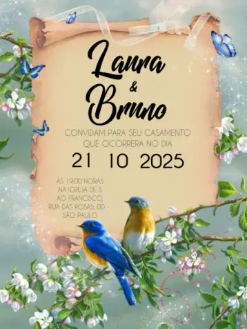 Convite Casamento Floral Pássaros Para Editar Personalizado editável e personalizável