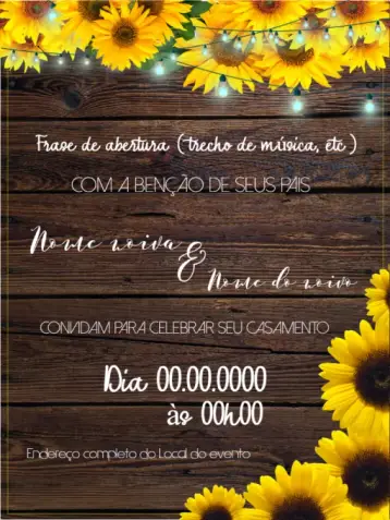 Convite Casamento Girasol Madeira editável e personalizável
