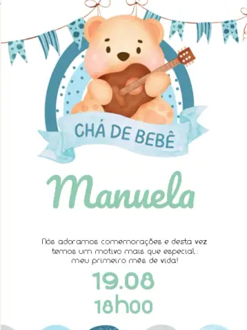 Convite Chá Debebê Ursinho Mêsversário editável e personalizável