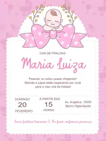 Convite Chá De Fraldas Top para chá de fraldas para a chegada de uma menina. – tema chá de fraldas (rosa suave, delicado, infantil, moderno, feminino)