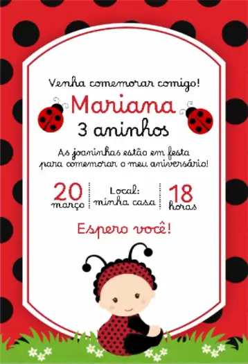 Convite Joaninha Virtual Bebê editável e personalizável