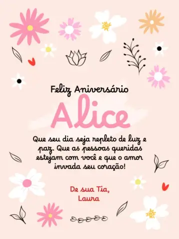 Convite Cartão Com Mensagem De Parabéns/feliz Rosa Floral Delicado para aniversário e comemorações especiais. – tema cartão (floral, delicado, feminino, rosa, moderno)