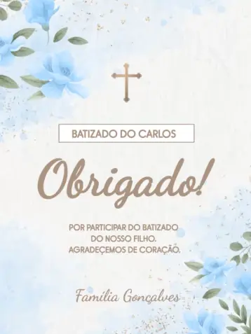 Invitación Tarjeta De Agradecimiento Presencia Bautizo Floral Azul Bebé editable y personalizable