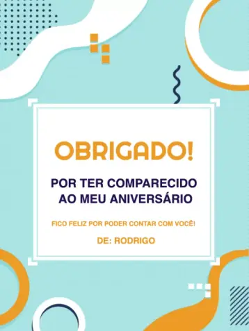 Convite Cartão De Agradecimento Presença Adulto Moderno Verde para aniversário, evento ou reunião de amigos. – tema cartão (moderno, geométrico, verde, laranja, elegante)