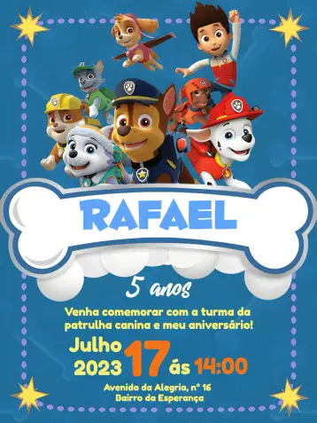 Convite Patrulha Canina Cachorro editável e personalizável