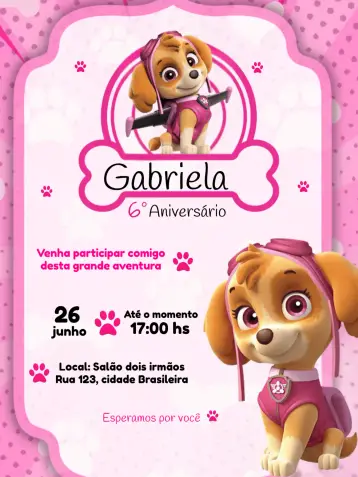 Convite Skye Patrulha Canina Animação editável e personalizável